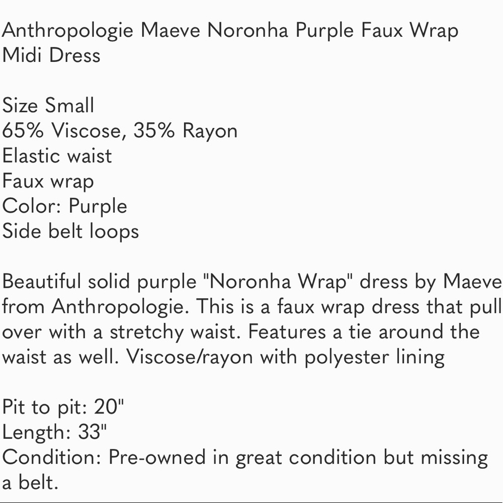 Anthropologie Maeve Purple Faux Wrap Midi Dress Small without the belt - Picture 9 of 10